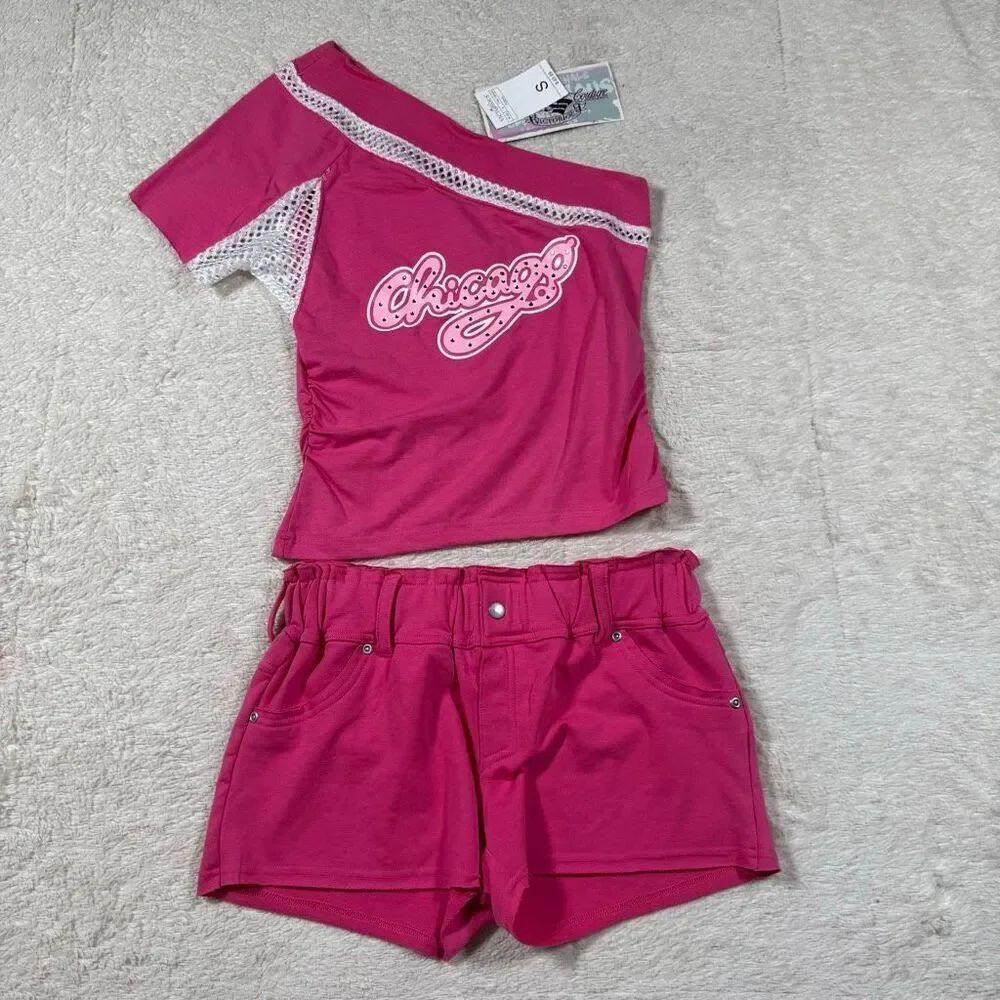 NWT Y2K Chicago Graphic One Shoulder Top & Shorts Set Pink McBling Mall Baddie O
